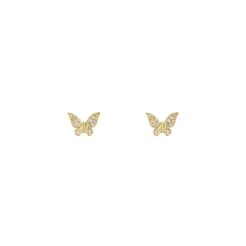 14 Karat Yellow Gold Butterfly Stud Earrings with Round Diamonds