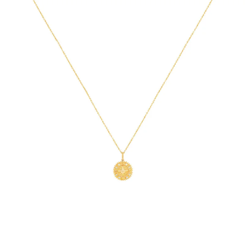 14 Karat Yellow Gold Compass Medallion Pendant Necklace with Diamonds