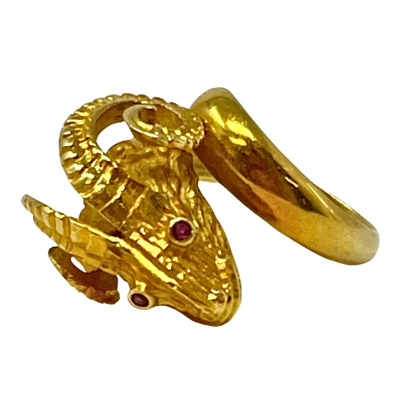 18K Gold Ramus Head Ring with Ruby Eyes