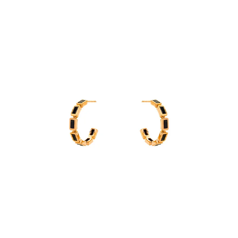 8 Karat Yellow Gold SIMONE bezel hoops with Black Diamond Baguette