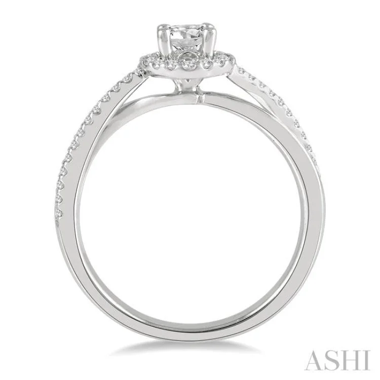 1/2 ctw Criss-Cross Shank Round Cut Diamond Ladies Engagement Ring with 1/4 Ct Round Cut Center Stone in 14K White Gold