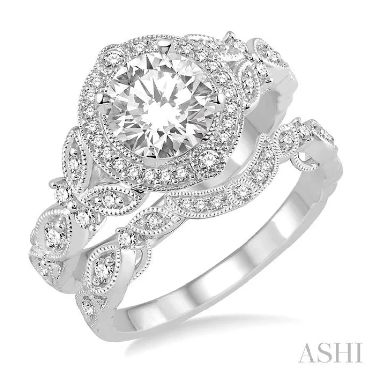 3/4 Ctw Diamond Bridal Set with 5/8 Ctw Round Cut Engagement Ring and 1/10 Ctw Wedding Band in 14K White Gold