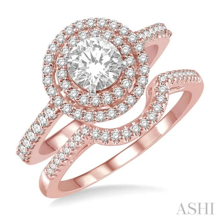 5/8 Ctw Diamond Wedding Set in 14K With 1/2 Ctw Round Shape Engagement Ring in Rose and White Gold and 1/10 Ctw U-Shape Wedding Band in Rose Gold