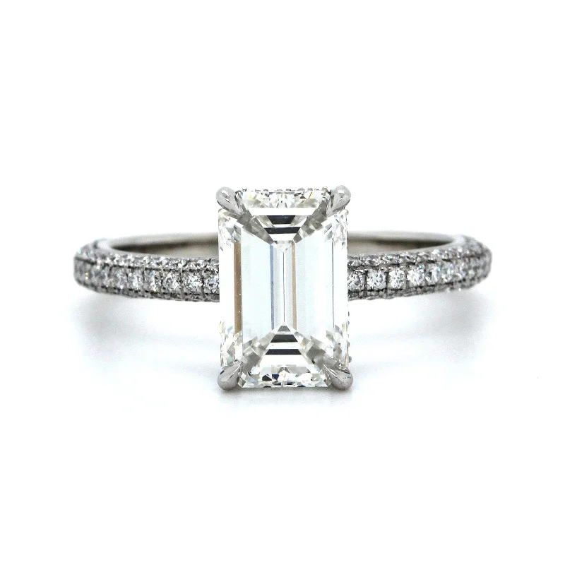 Platinum Emerald Cut Diamond with Hidden Halo Diamond Engagement Ring