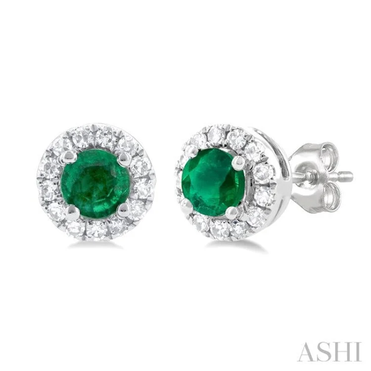 1/10 ctw Round Cut Diamond and 3.25MM Round Cut Emerald Halo Precious Stud Earrings in 14K White Gold