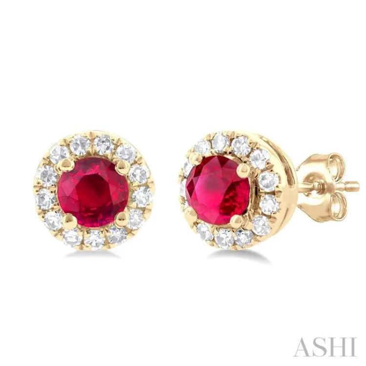 1/10 ctw Round Cut Diamond and 3.25MM Round Cut Ruby Halo Precious Stud Earrings in 14K Yellow Gold