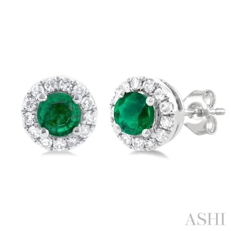 1/10 ctw Round Cut Diamond and 3.25MM Round Cut Emerald Halo Precious Stud Earrings in 10K White Gold