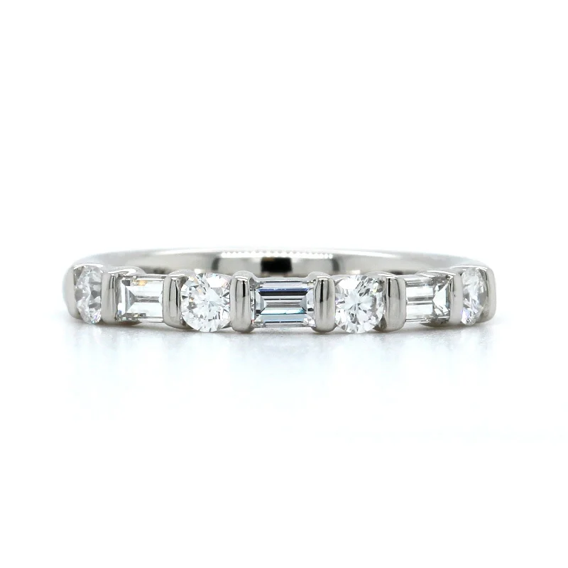 Platinum Alternating Round and Baguette Diamond Wedding Ring