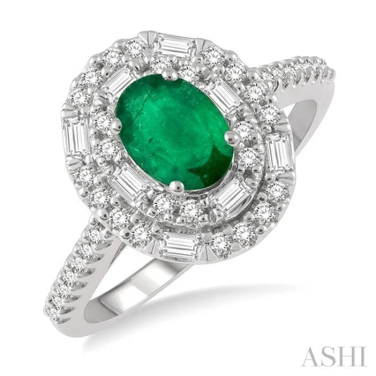 1/2 Ctw Oval Shape 7x5MM Emerald, Round Cut & Baguette Diamond Precious Ring in 14K White Gold