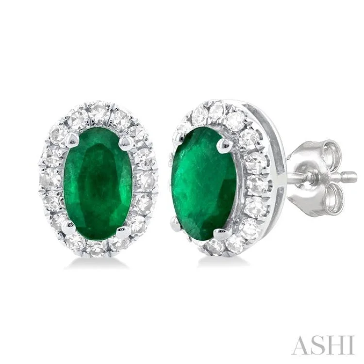 1/8 ctw Round Cut Diamond and 5X3MM Oval Shape Emerald Halo Precious Stud Earrings in 10K White Gold