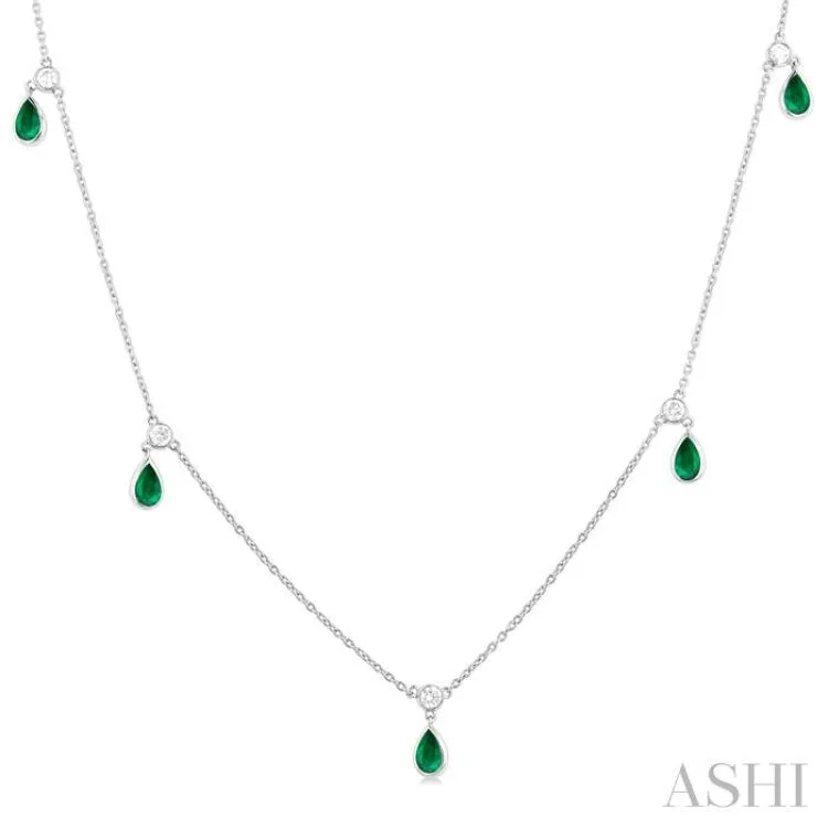 1/4 ctw Round Cut Diamonds and 5X3MM Pear Shape Emerald Precious Station Necklace in 14K White Gold