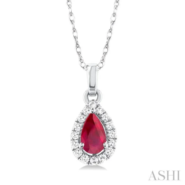 1/20 ctw Round Cut Diamond and 5X3MM Pear Shape Ruby Halo Precious Pendant with Chain in 14K White Gold