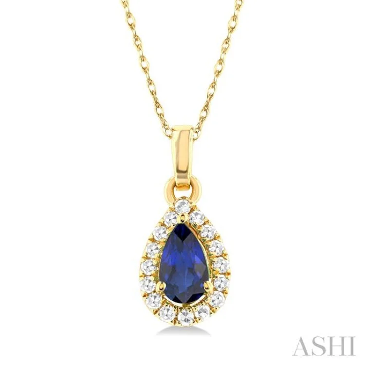 1/20 ctw Round Cut Diamond and 5X3MM Pear Shape Sapphire Halo Precious Pendant with Chain in 14K Yellow Gold