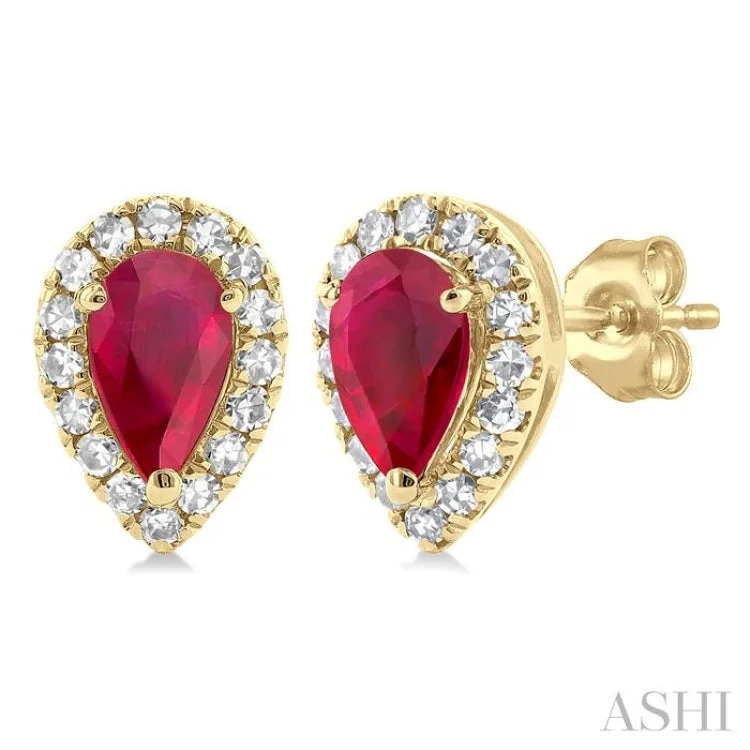 1/8 ctw Round Cut Diamond and 5X3MM Pear Cut Ruby Halo Precious Stud Earrings in 10K Yellow Gold