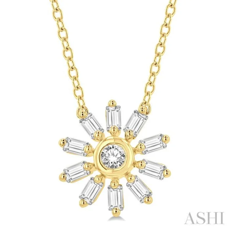 1/6 ctw Petite Wheel Baguette and Round Cut Diamond Fashion Pendant With Chain in 10K Yellow Gold