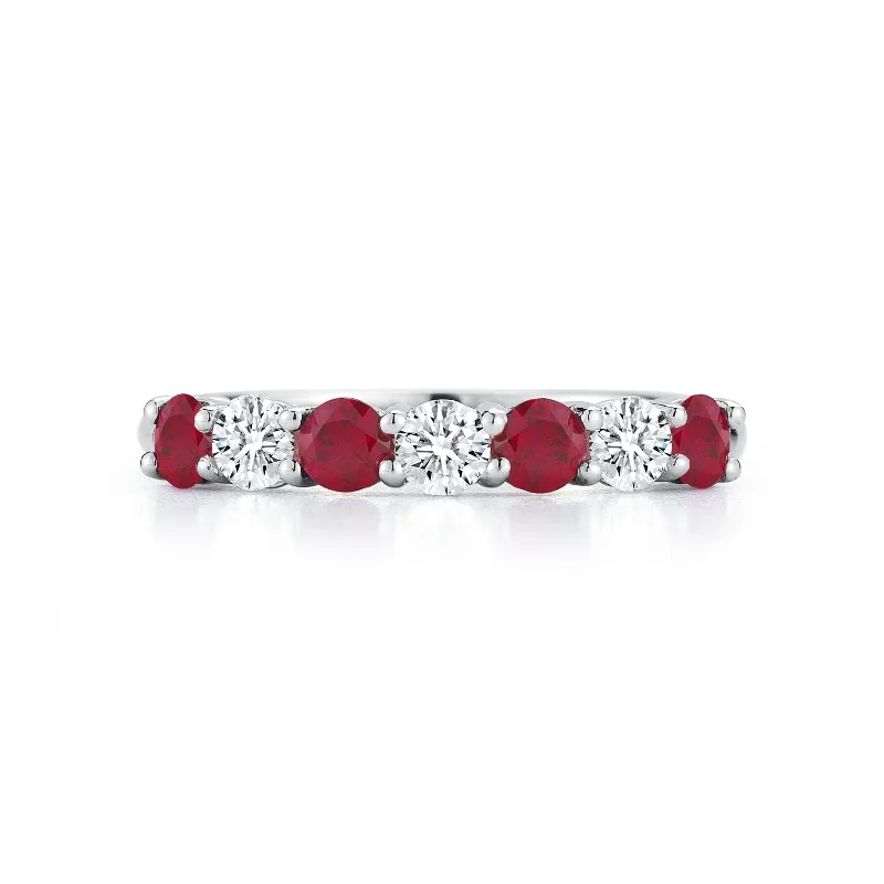 Platinum 7 Stone Alternating Diamond and Ruby Wedding Ring