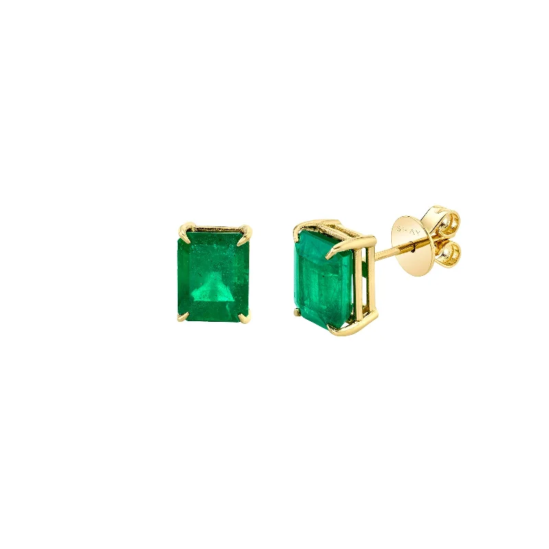 Colombian Green Emerald Solitaire Studs - Yellow Gold