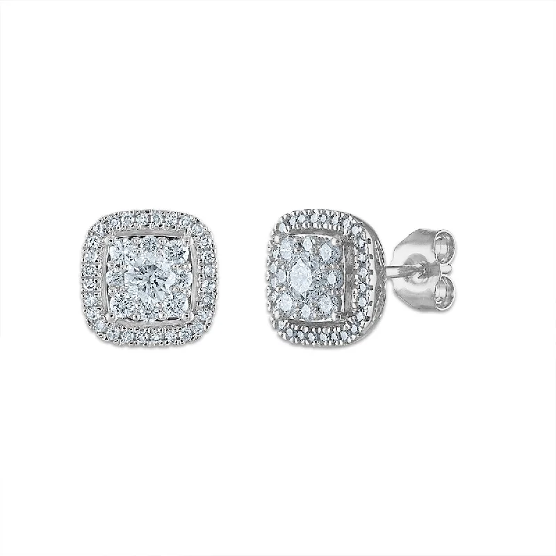 Signature 3/4 CTW Diamond Halo Stud Cushion Earrings in 14KT White Gold