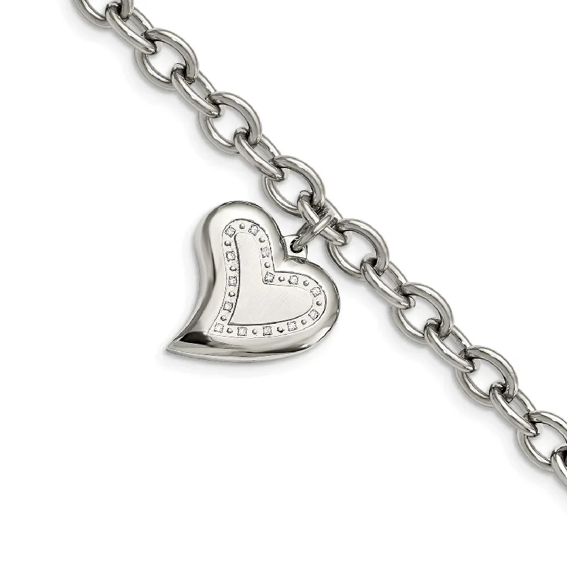 Stainless Steel Cubic Zirconia 7.5-inch Lobster Clasp Heart Charm Bracelet