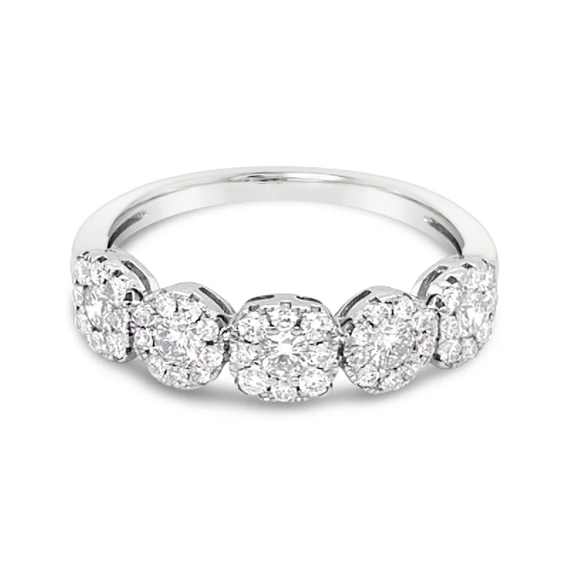 White Gold Five Halo Cluster Stackable Diamond Band