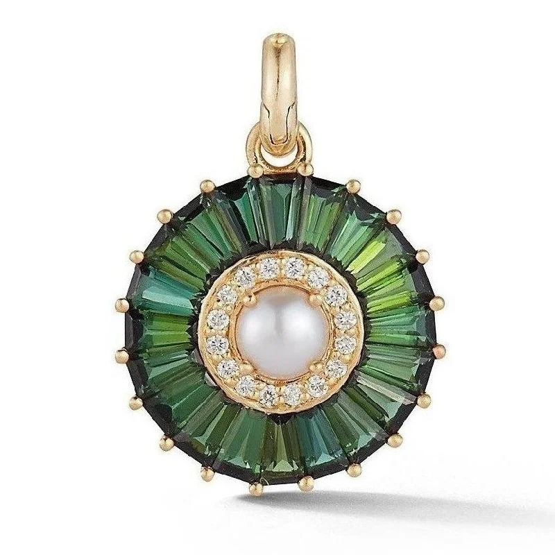 14K Gold Green Tourmaline Diamond & Pearl Emily Large Charm