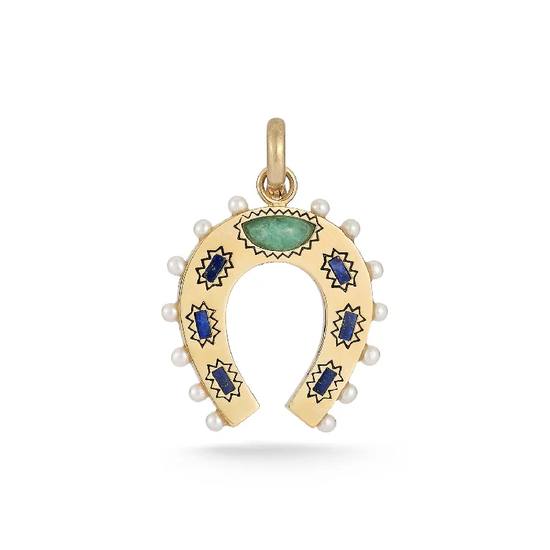 14K Gold Lapis Emerald & Pearl Holly Horseshoe Charm