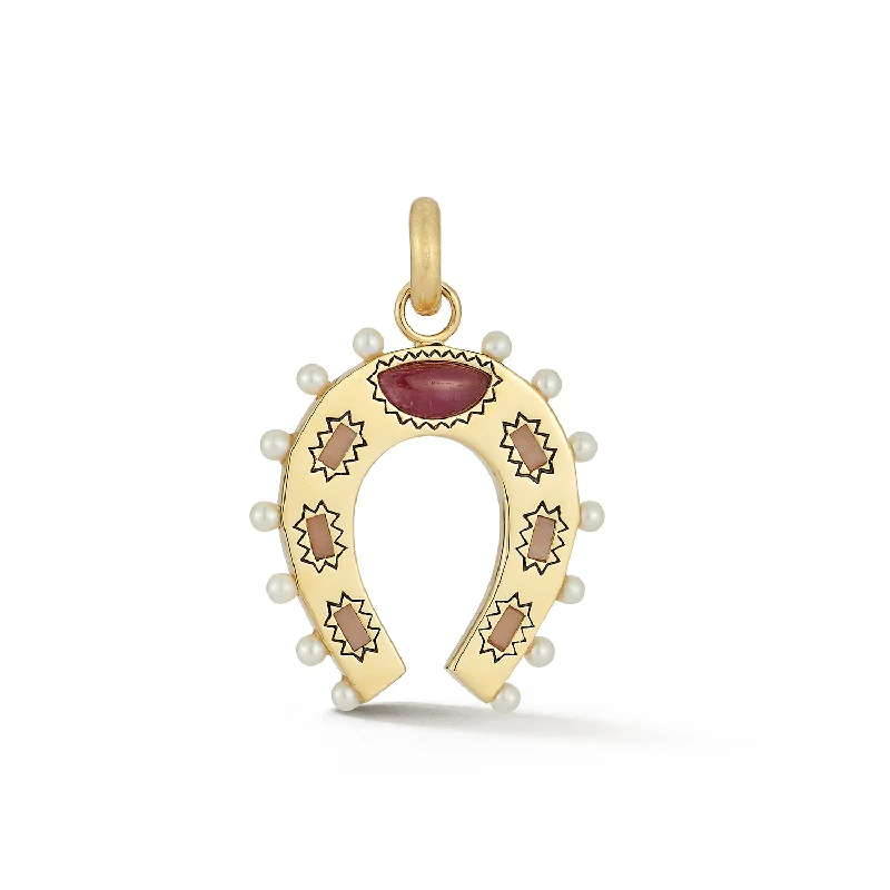 14K Gold Pink Opal Ruby & Pearl Holly Horseshoe Charm