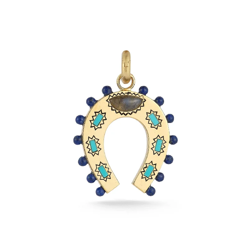 14K Gold Turquoise Labradorite & Lapis Holly Horseshoe Charm