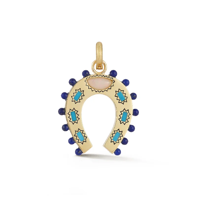 14K Gold Turquoise Opal & Lapis Holly Horseshoe Charm