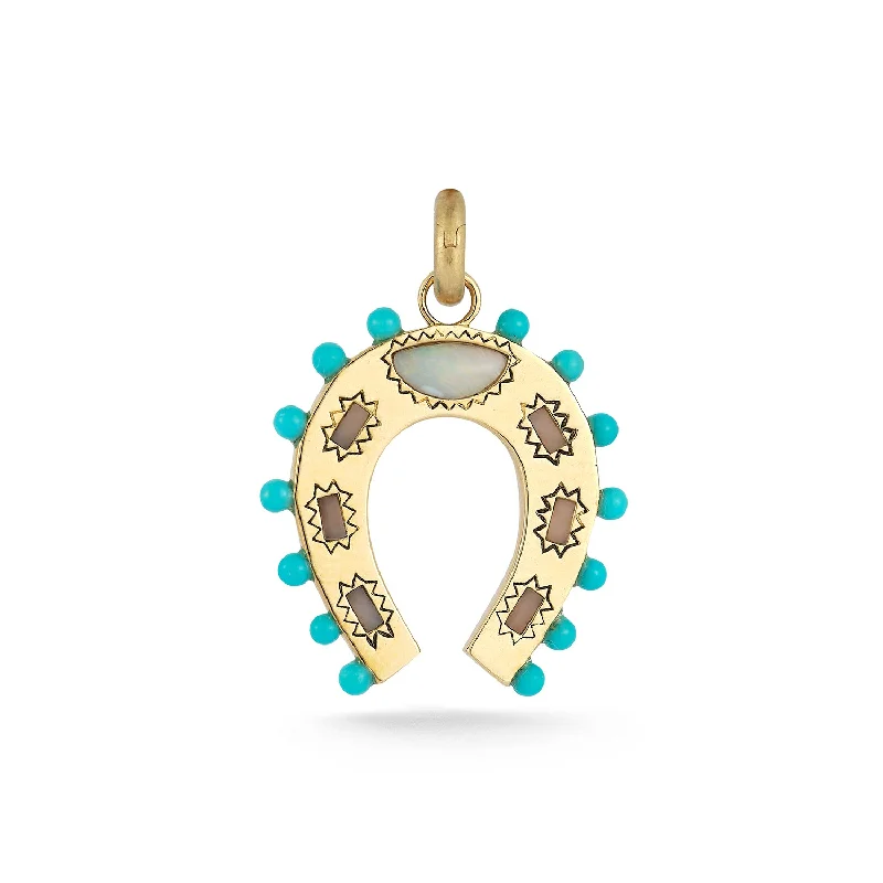 14K Gold Turquoise & Opal Holly Horseshoe Charm