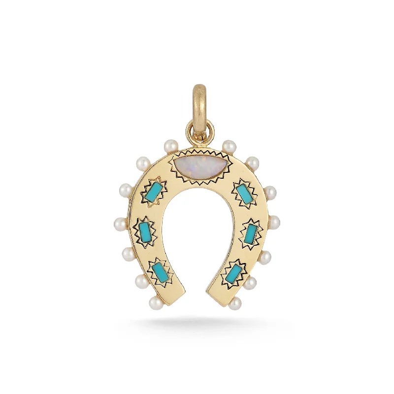 14K Gold Turquoise Opal & Pearl Holly Horseshoe Charm