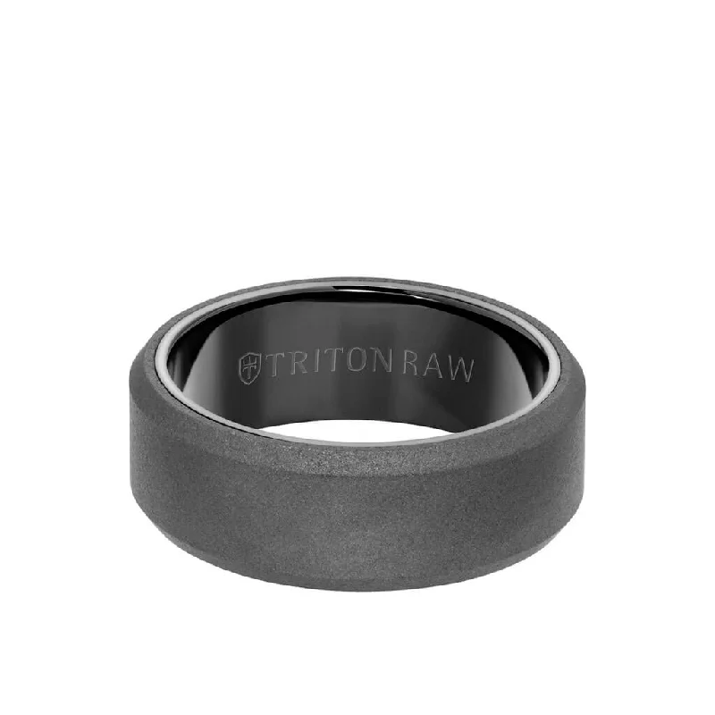 8MM Tungsten RAW Ring - Sandblasted With Black Inside Shine and Bevel Edge