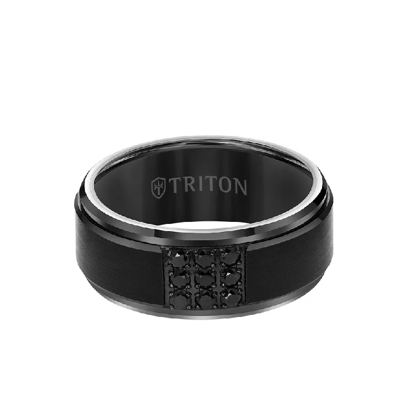 9MM Black Tungsten Carbide Ring - Black Sapphires & Step Edge