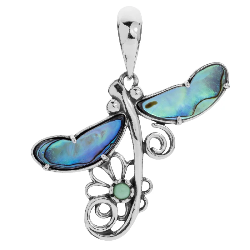 Sterling Silver Abalone Shell and Green Variscite Gemstone Fritz Casuse Dragonfly Pendant Enhancer