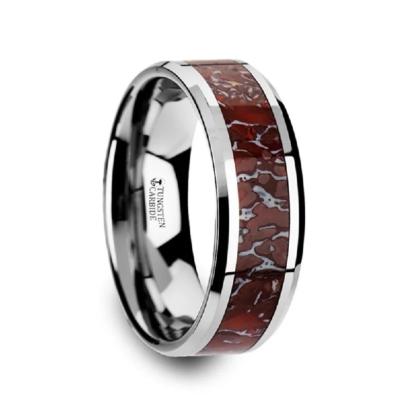 JURASSIC Red Dinosaur Bone Inlaid Tungsten Carbide Beveled Edged Ring