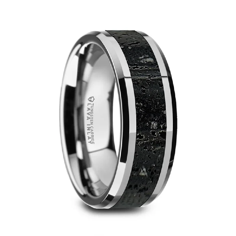 KILAUEA Men’s Polished Tungsten Wedding Band with Black & Gray Lava Ro