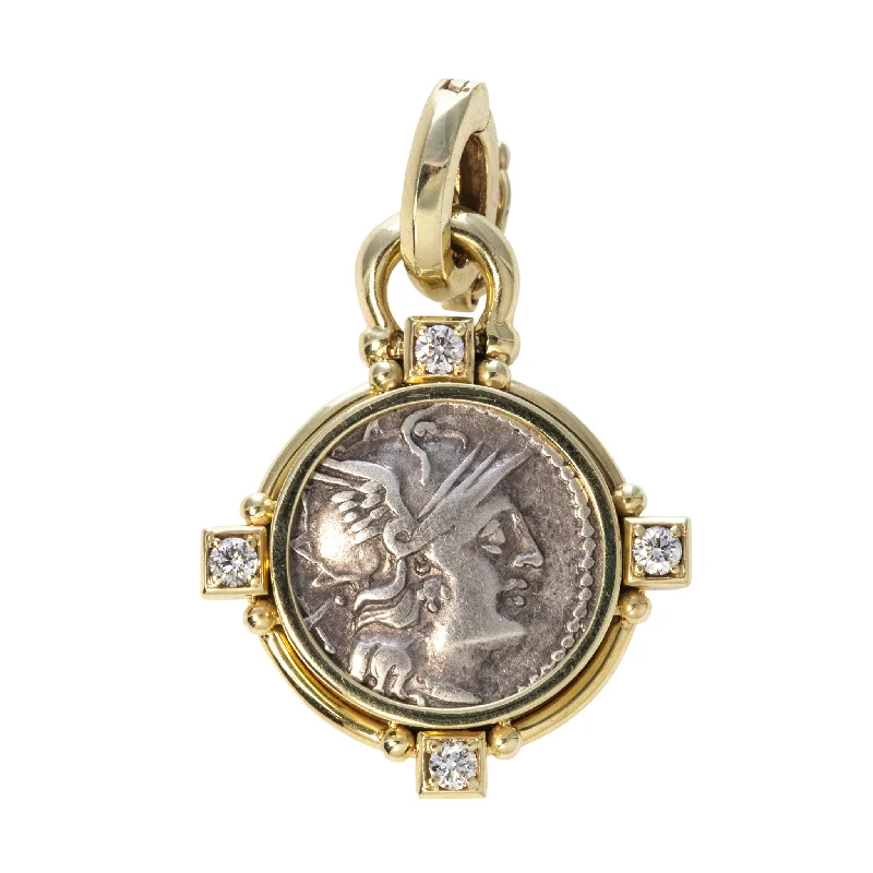 Mazza Silver Anicient Roman Coin & Diamond 14K Gold Pendant