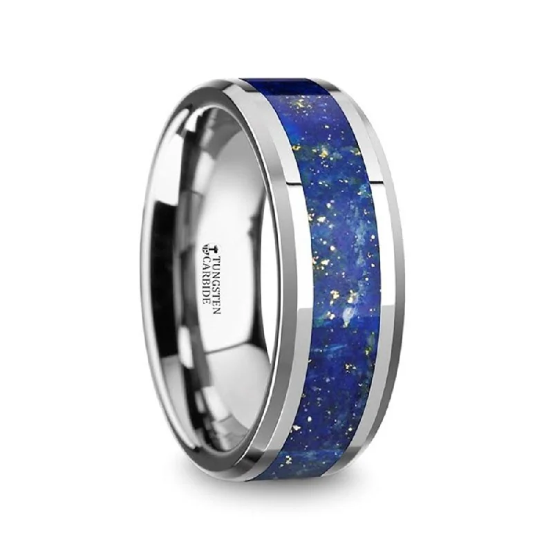 OSIAS Polished Tungsten Wedding Band with Blue Lapis Inlay & Beveled E