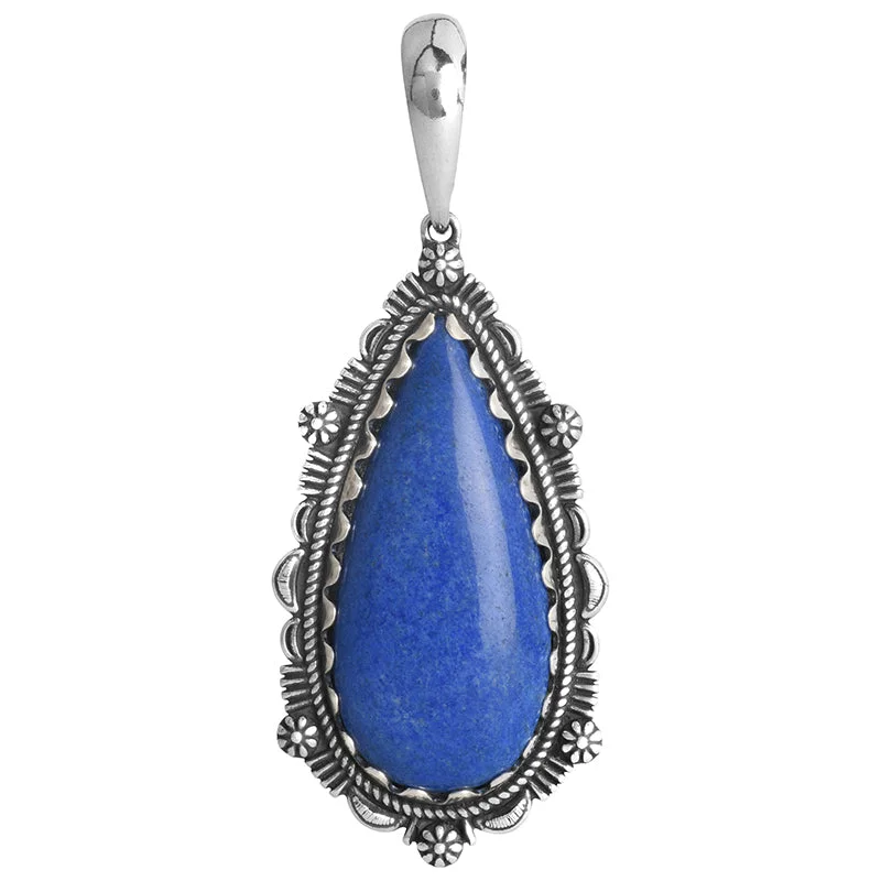 Sterling Silver Denim Lapis Gemstone Teardrop Bordered Design Pendant Enhancer