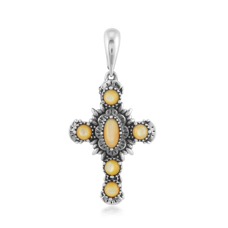 Sterling Silver Gemstone Cross Pendant Enhancer with Yellow Mother of Pearl