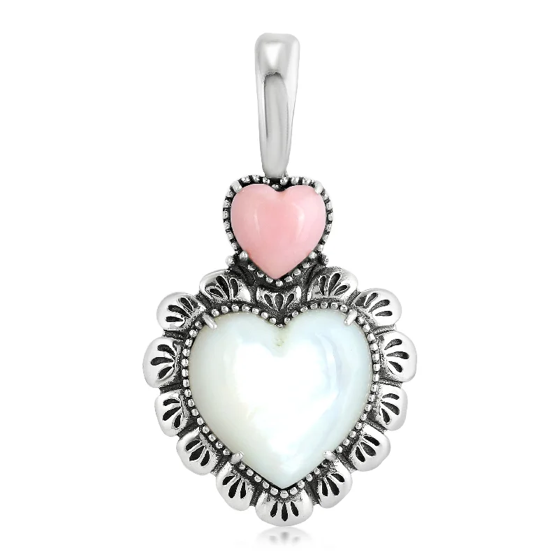 Sterling Silver White Mother of Pearl and Pink Opal Concha Heart Pendant Enhancer