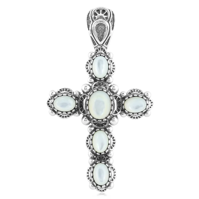 EXCLUSIVELY OURS! Sterling Silver White Mother of Pearl Gemstone Cross Design Pendant Enhancer