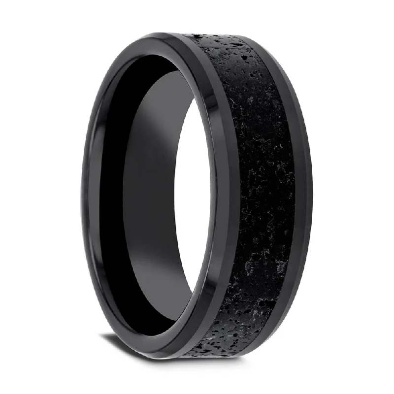 VESUVIUS Men’s Polished Black Ceramic Wedding Band with Black & Gray L