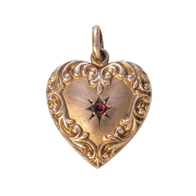 Vintage Red Stone 10K Gold Repoussé Heart Charm